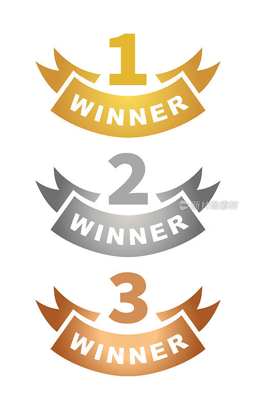 金第一名，银第二名和铜第三名奖得主丝带徽章与数字1,2和3 -剪出矢量图标